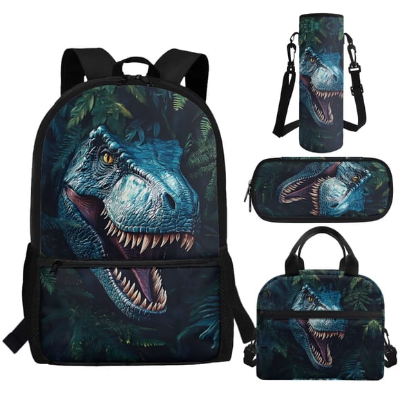 Jeiento Dinosaur Backpack for Boys 4-6 7-10 10-12 Kids School Bag and Lunch Bag Set 4 In 1 Elementary Bookbag with Lunch Box Pencil Case Water Bottle Carrier Preschool Back Packs Blue