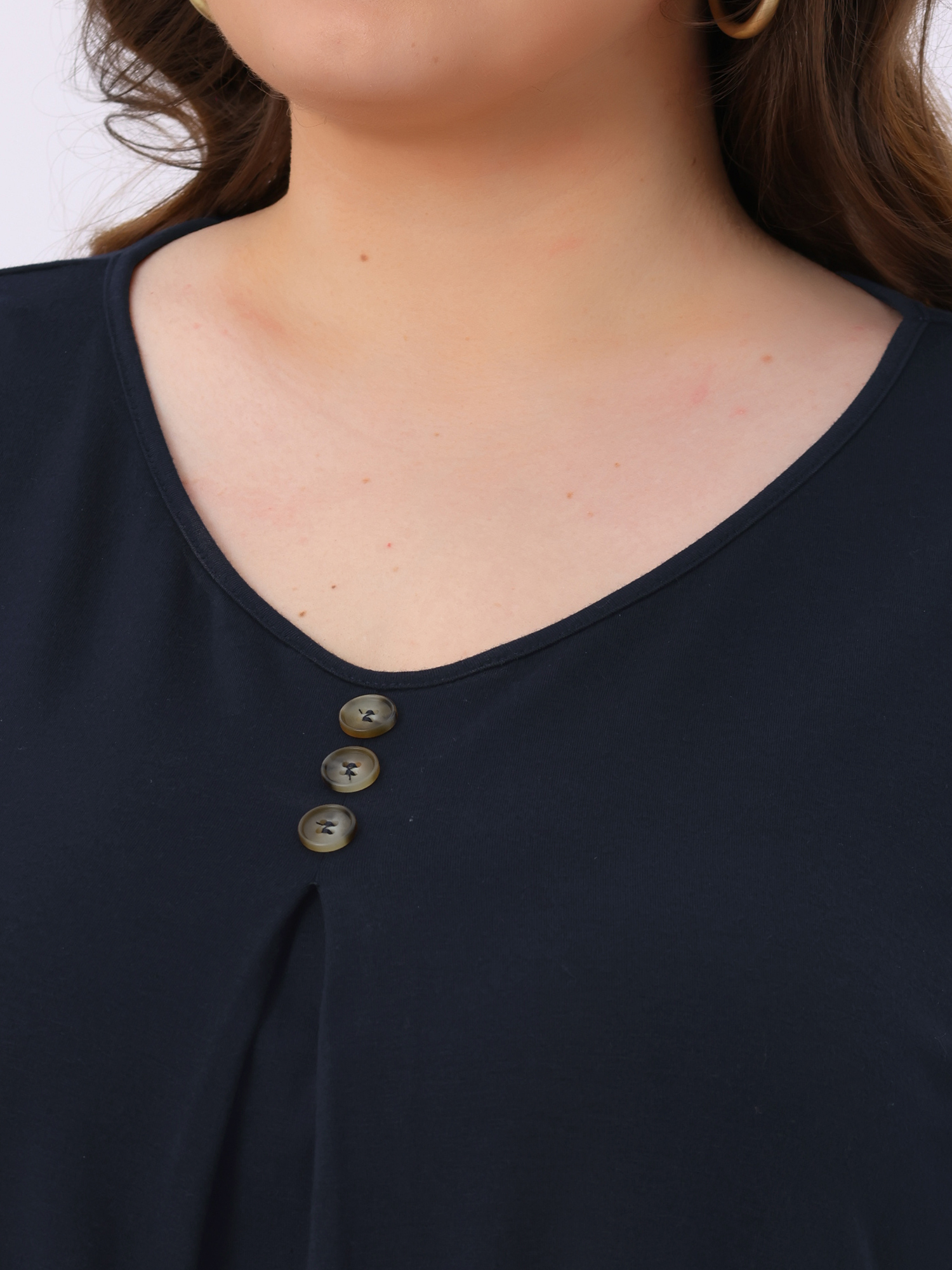 DARING DIVA Women's Plus Long Sleeve V Neck Button Loose Top 3X Dark Blue