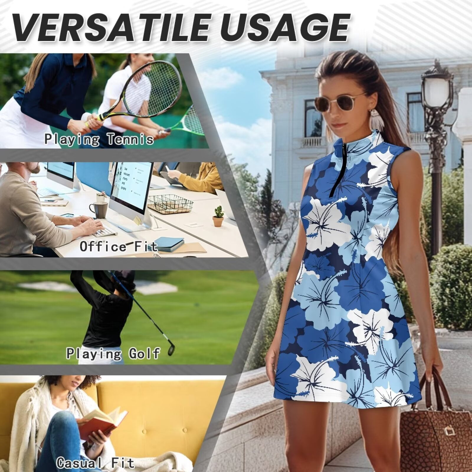 Yuyamidu Blue Hibiscus Flowers Womens Tennis Dress A-Line Workout Exercise Athletic Dress with Inner Shorts Summer Clothes Size M Breathable Athletic Dresses