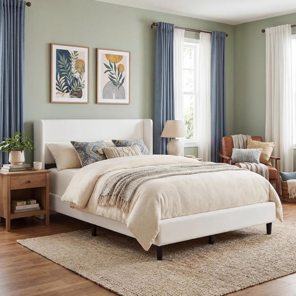 White Queen Bed Frame with Wingback Headboard, Velvet Upholstered | Upholstered Platform Bed Frame, Strong Wooden Slats, No Box Spring Needed, Easy Assembly