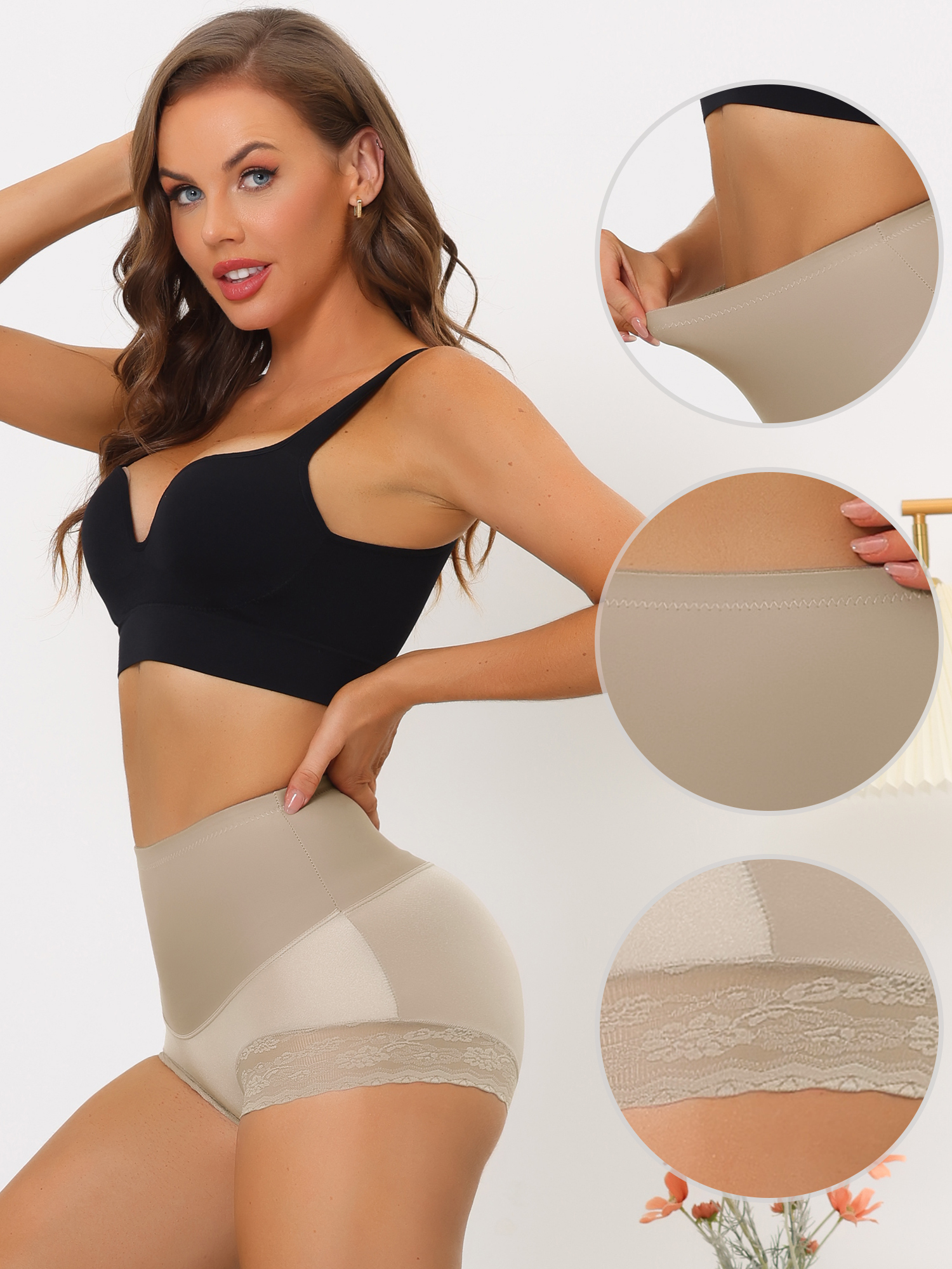 DARING DIVA Women's High Waisted Lace Brief Shapewear Tummy Panty Bodyshaper M Light Brown
