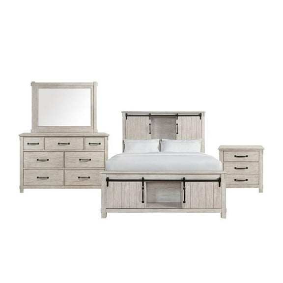 Maklaine Rubber Wood 4 Piece Queen Platform Storage Bedroom Set in White Washed
