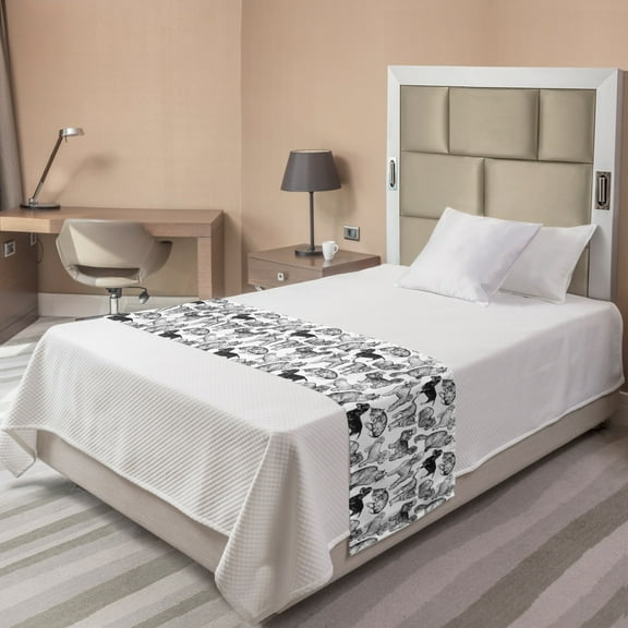 Dog and Cat Bed Runner, Monochrome Design of Various Animal Breeds on a Plain Background, Decorative Accent Bedding Scarf for Hotels Homes and Guestrooms, Twin, Charcoal Grey and White, by Ambesonne