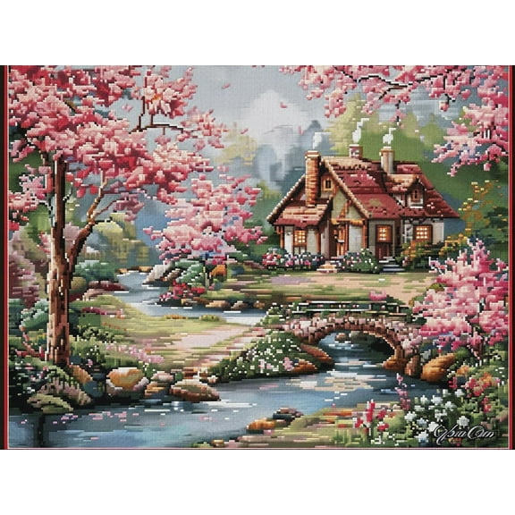 Little Cottage Next Stream Blossom Cherry DIY 11CT Stamped Cross Stitch Kits for Beginners Easy Needlepoint Embroidery Counted Cross Stitch Art Craft for Wall Decoration 12x16inch(3)