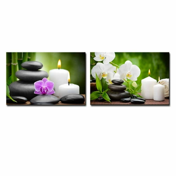 Wall26 Zen Basalt Stones and Orchid on the Wood - Canvas Art Wall Decor - 16"x24" x 2 Panels