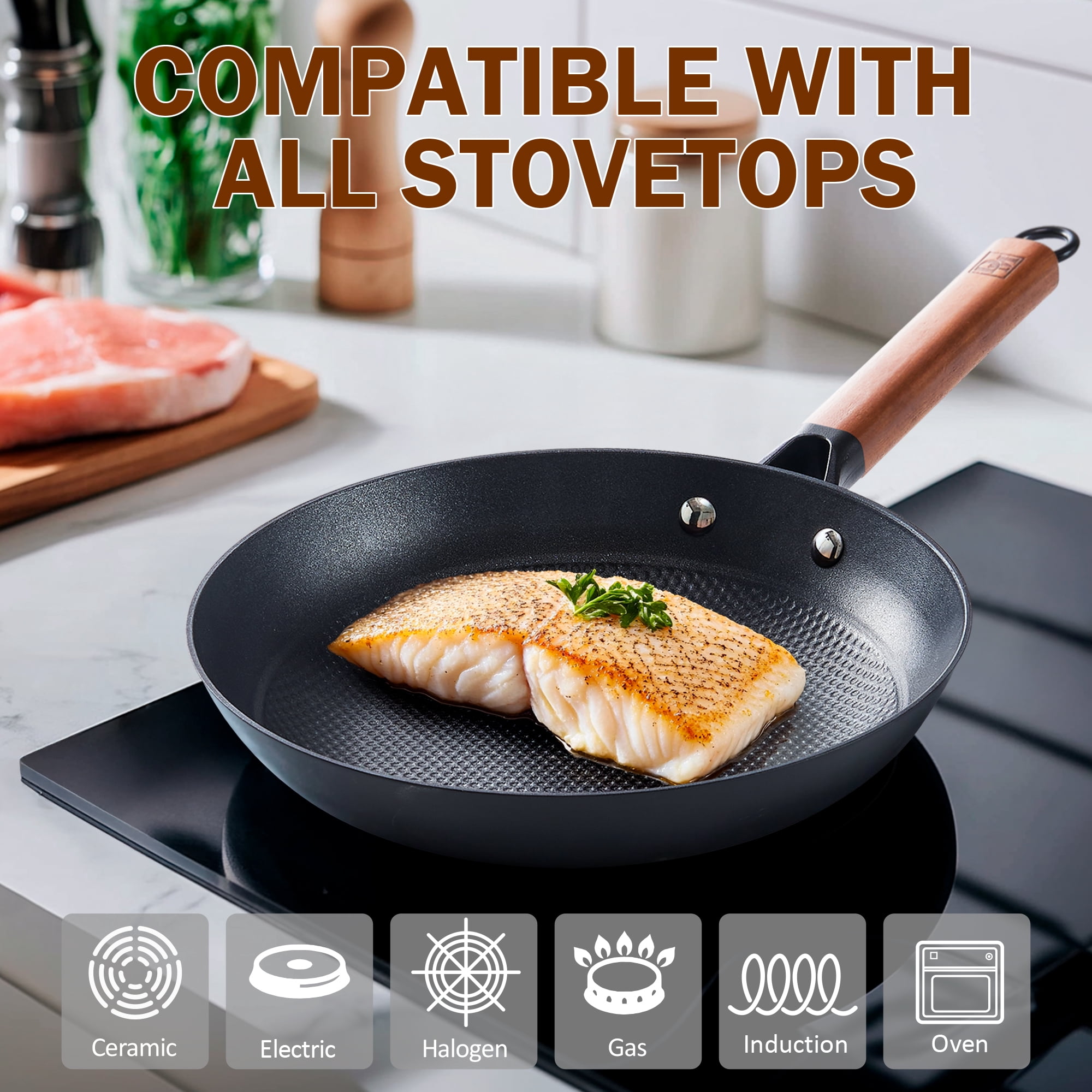 D&M Cast Iron Skillet, 8 Inch Nonstick Frying Pan with Detachable Acacia Wooden Handle, Honeycomb Non stick Omelet Egg Pan, Easy Clean Oven Safe Pans for Cooking