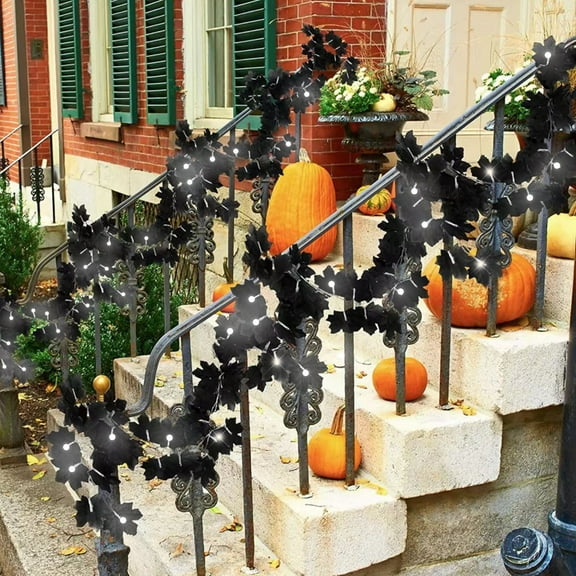 Black Halloween Maple Leaf Garland - 78.7" LED Fall Leaf String Lights with 10 Warm White Bulbs - Battery Powered Thanksgiving Decor for Indoor/Outdoor, Mantle, Fireplace & Party Decorations