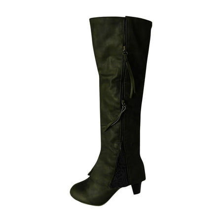 

YOTAMI Womens Boots Women s Round Toe High Heeled Thick Heeled Double Zipper Lace Stitching High Boots Army Green