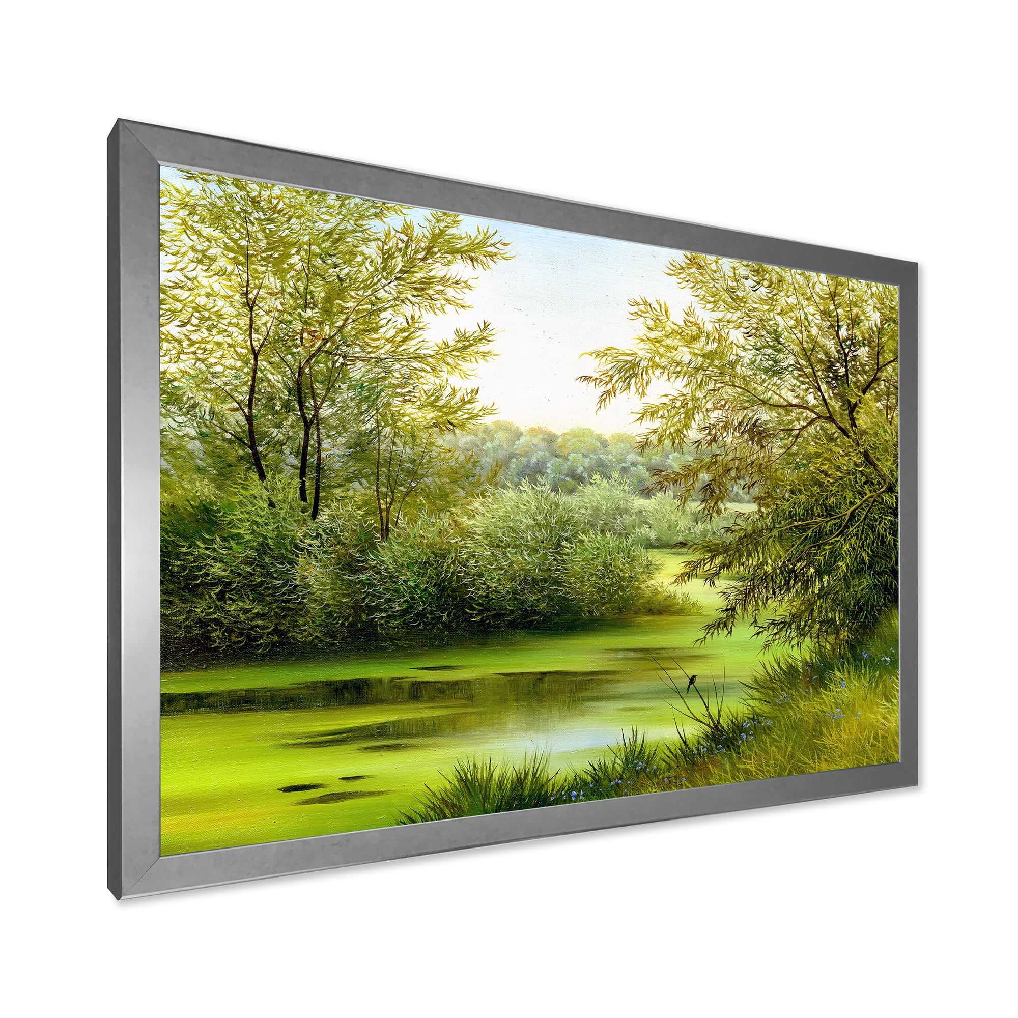 Spring Trees With Green Pond 20 in x 12 in Framed Painting Canvas Art Print, by Designart