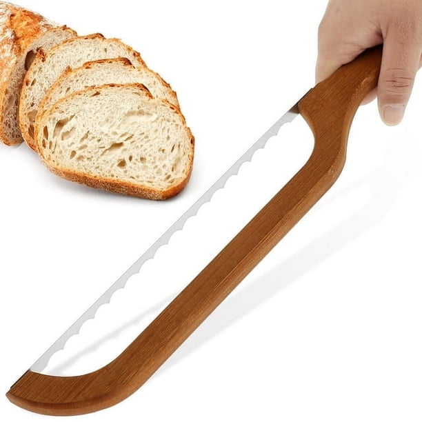 Cortador de Pan de 15.7" Cuchillo de Madera Cortador de Bagel de Acero Inoxidable Rebanador de Pan de Masa Madre Herramienta Portátil para Cortar Pan con Mango de Bambú Rebanador de Pan