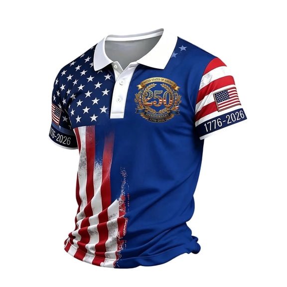 GrmtClth Mens 1776-2026 Patriotic Print Polo Shirt American Flag Short Sleeve Collared Top Royal Blue 3XL