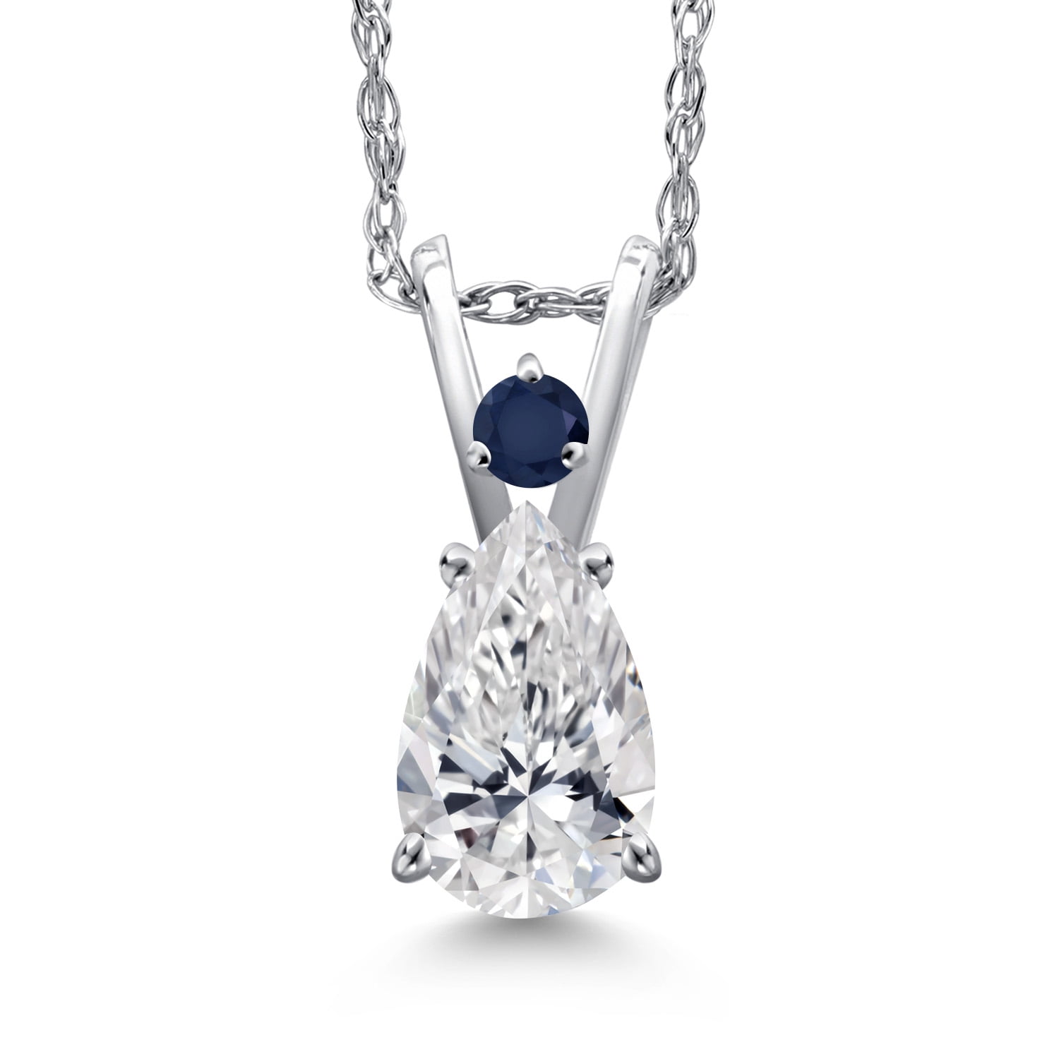 Gem Stone King 14K White Gold Lab Grown Diamond and Blue Sapphire Pendant Necklace for Women | 0.56 Cttw | Gemstone April Birthstone | Pear Shape 7X5MM | With 18 inch Chain
