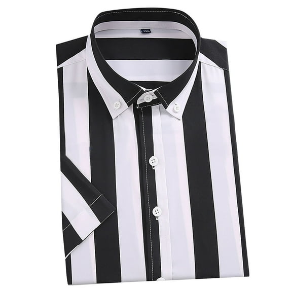 AHTJRT Men's Casual Short Sleeve Button Down Shirt Stylish Striped Design Comfortable Fit Wear Lightweight Breathable Classic Modern Blouse Black L