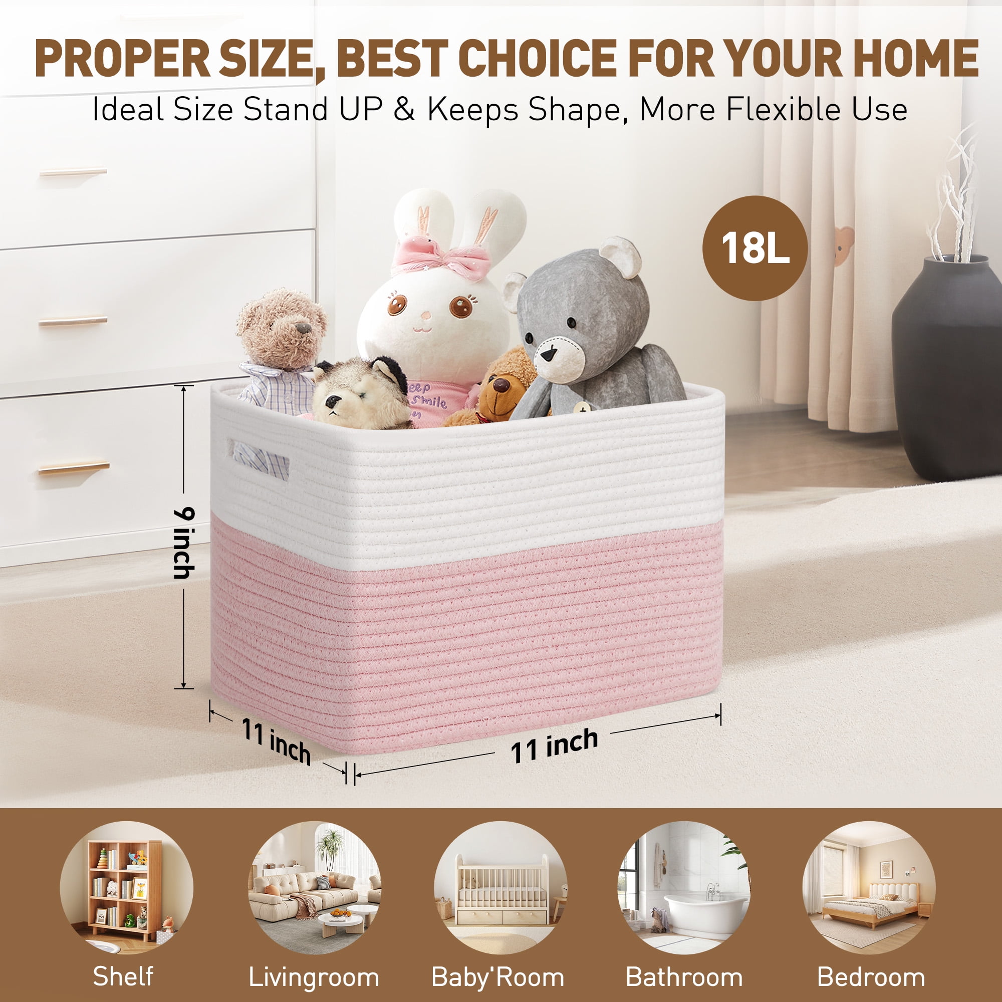 3 Pack Storage Basket, 11"x11"x9" (18L) Rectangle Woven Baskets for Storage, Cotton Rope Basket for toys, Towel Baskets, Closet Organizer Bins Shelves Organizer, Decorative Basket (Pink& White)