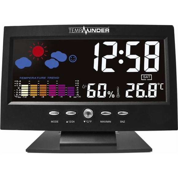 Minder Research Weather Station TM22242VP TempMinder; Used For Kitchen/Bedroom And Office; Digital; Black; Color Bar Graph With Temperature Trend; Reads Indoor Temperature