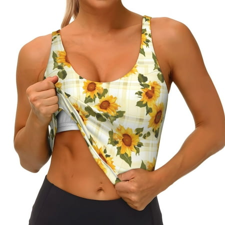 Qokaie Light Green Plaid Sunflower Pattern Womens Scoop Neck Sports Bra Breathable Workout Vest Padded U Back Medium Impact Fitness Gym Yoga Bra Workout Crop Top