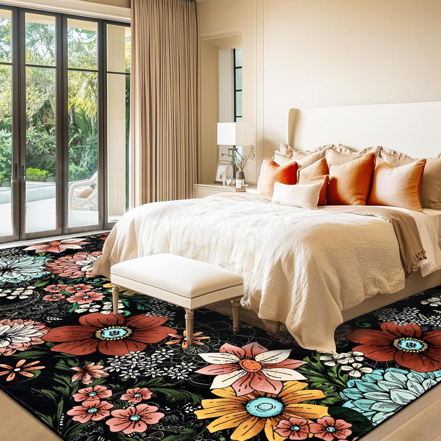 BLEUM CADE Boho Floral Area Rugs for Living Room 5x7, Washable Soft Faux Wool Rug Carpet for Bedroom