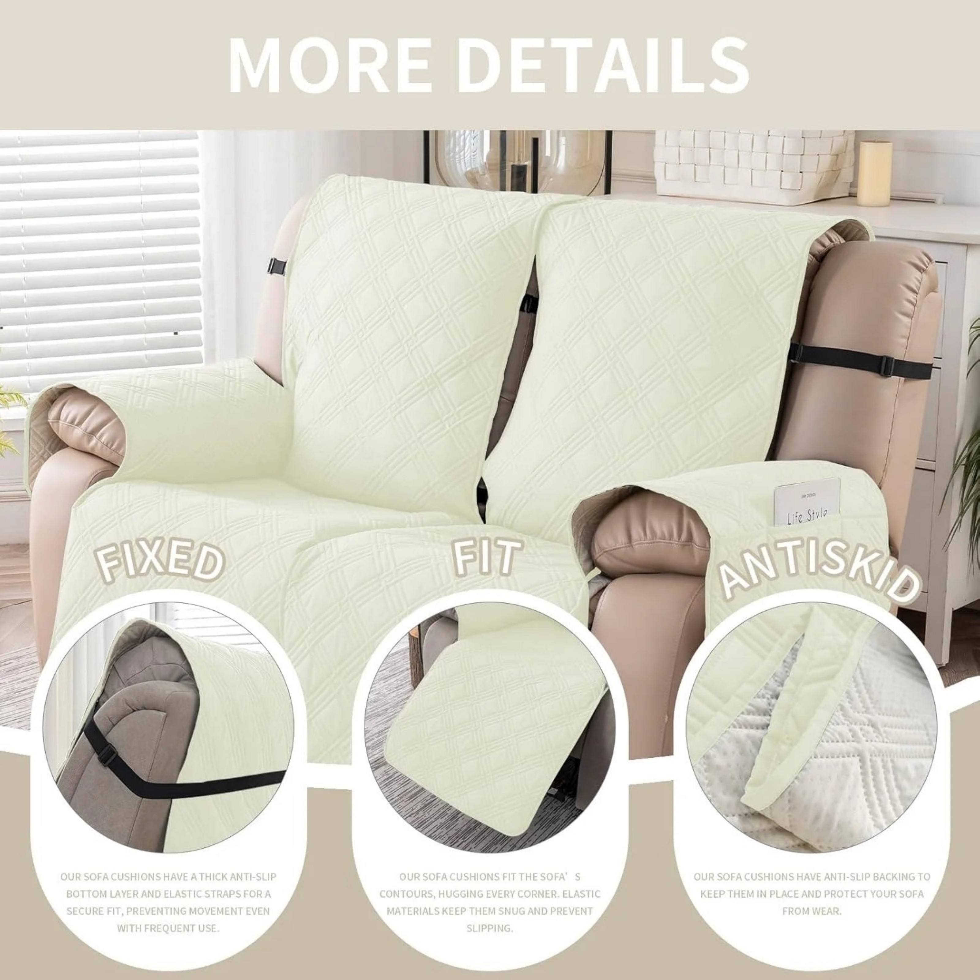 Lavish Cover 100% Waterproof Recliner Loveseat Cover, 2 Pieces Non-Slip Recliner Couch Slipcovers, Washable Furniture Protector with Pockets & Elastic Straps for Kids Pets, 2 Seaters, Cream White