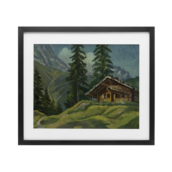 Cabin At Base Of Mountain Black Framed Print Under Glass, design by Lettered and Lined