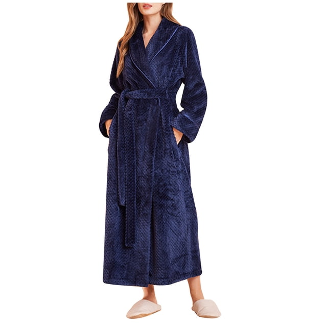 Penkiiy Womens Robe Long Kint Bathrobe Lightweight Soft Robes Ladies Bath Robe M Navy