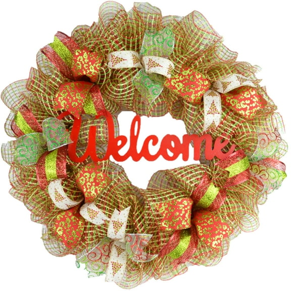 Welcome Christmas Wreath | Red Lime Green Classic Mesh Christmas Door Wreath