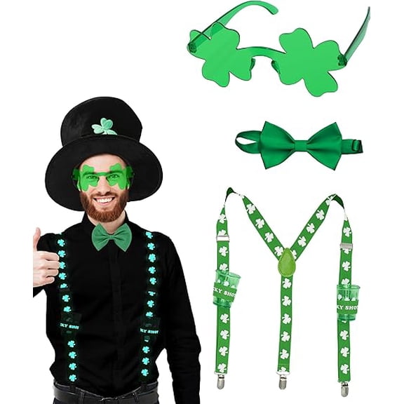 4E's Novelty St. Patrick's Day Glow-in-Dark Suspenders Set W/Shamrock Glasses & Bowtie