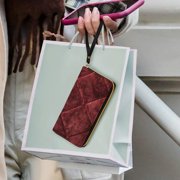 Womens Wallet Bifold Ladies Cluth Bag Wristlet Wrist Strap Long Purse Red Grid Design