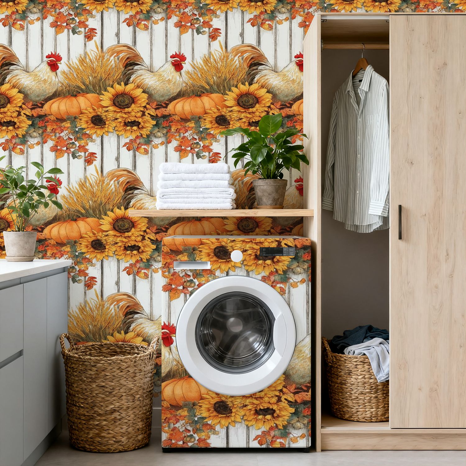 Farmhouse Peel and Stick Wallpaper 17.7in x 9.8ft Autumn Harvest Scene Sunflowers Pumpkins Roosters Fall Contact Paper Vinyl Waterproof Self Adhesive Wall Paper for Bedroom Cabinet Renter Friendly