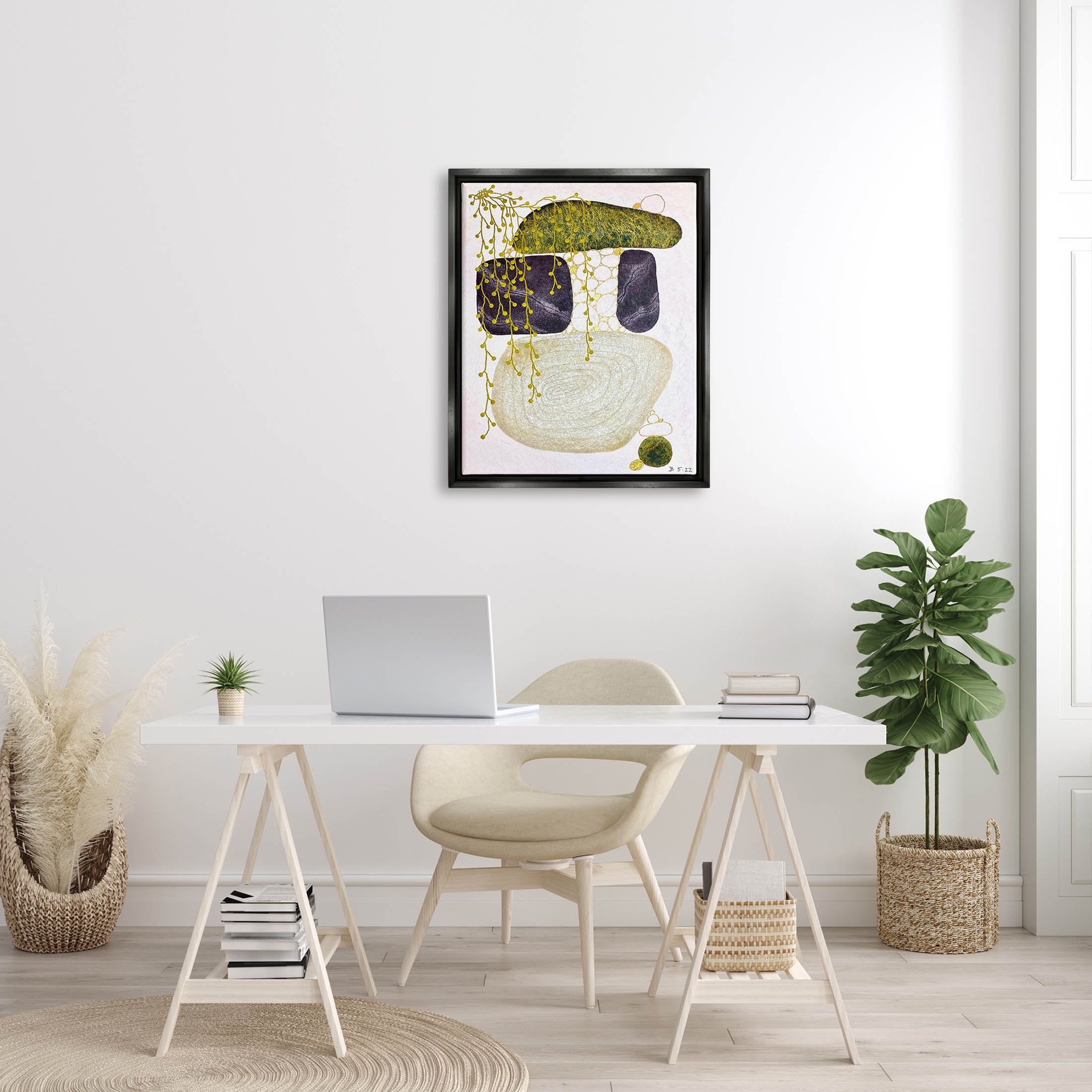 Botanical Mossy Rock Shapes Abstract Graphic Art Jet Black Framed Art Print Wall Art