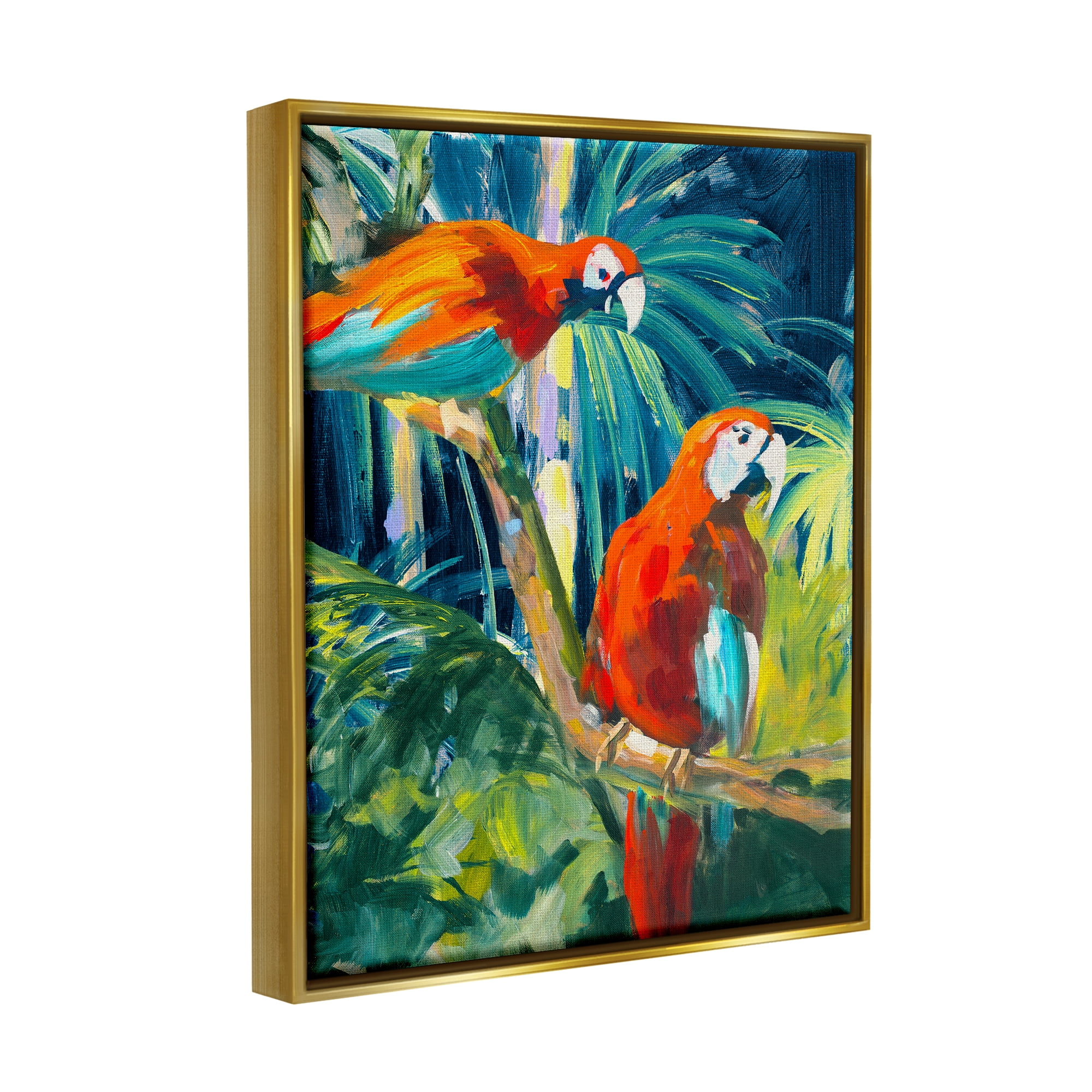 Stupell Industries Tropical Parrots in Jungle Animals & Insects Painting Gold Floater Framed Art Print Wall Art, 25 x 31