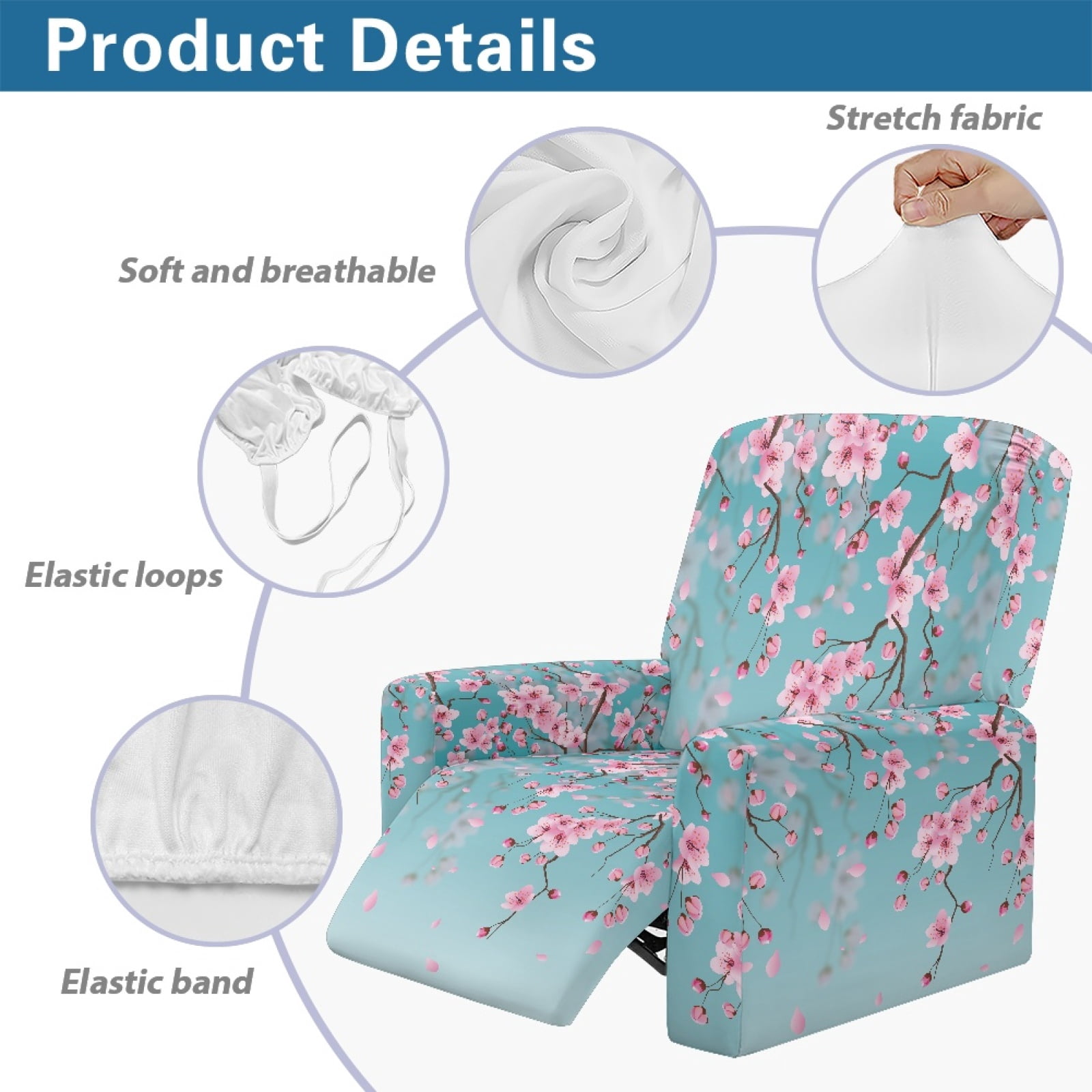 Xoenoiee Blue Cherry Blossom Print Recliner Cover 4 Pieces Lazy Boy Chair Covers Breathable Recliner Sofa Slipcover Anti-Slip Fitted Furniture Protector with Elastic Bottom