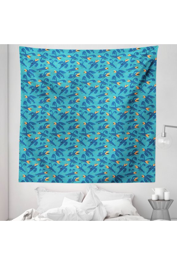 Bird Tapestry, Pattern of Surreal Whimsical Flying Animals in Cartoon Design, Fabric Wall Hanging Decor for Bedroom Living Room Dorm, 5 Sizes, Sea Blue Pale Orange, by Ambesonne
