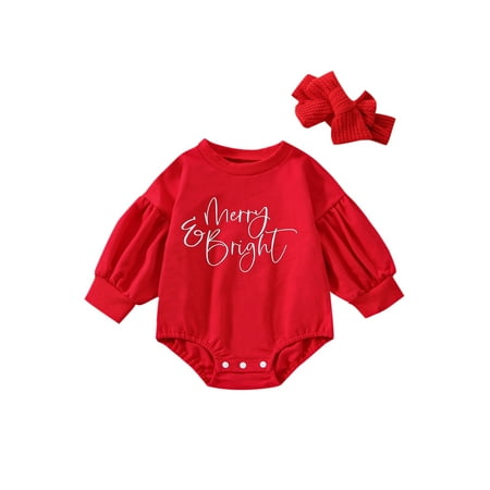

jaweiwi Baby Girls 2Pcs Christmas Romper Outfits Long Sleeve Letter Print Jumpsuit + Headband Size 0 6 12 18 24 M