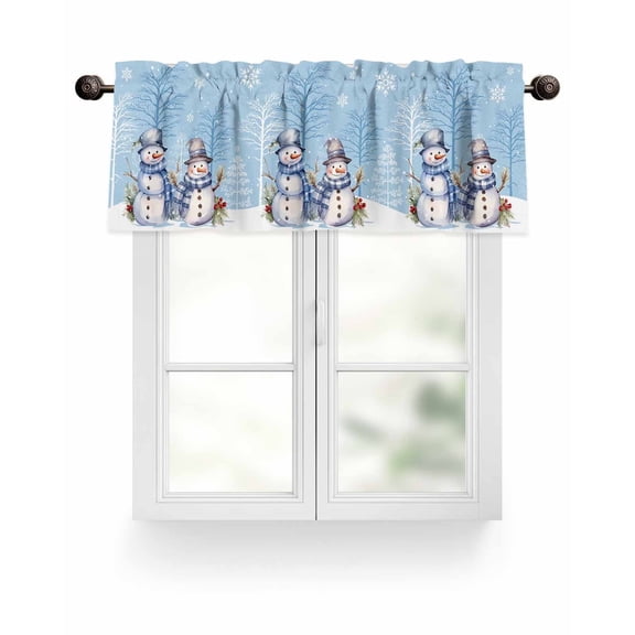 Blue Christmas Snowman Friends Kitchen Valances for Windows Winter Trees Snowflakes Valance Curtains for Kitchen /Living Room/Bedroom/ Bathroom Decor, 54"x18 " ,Rod Pocket 1 Panel,