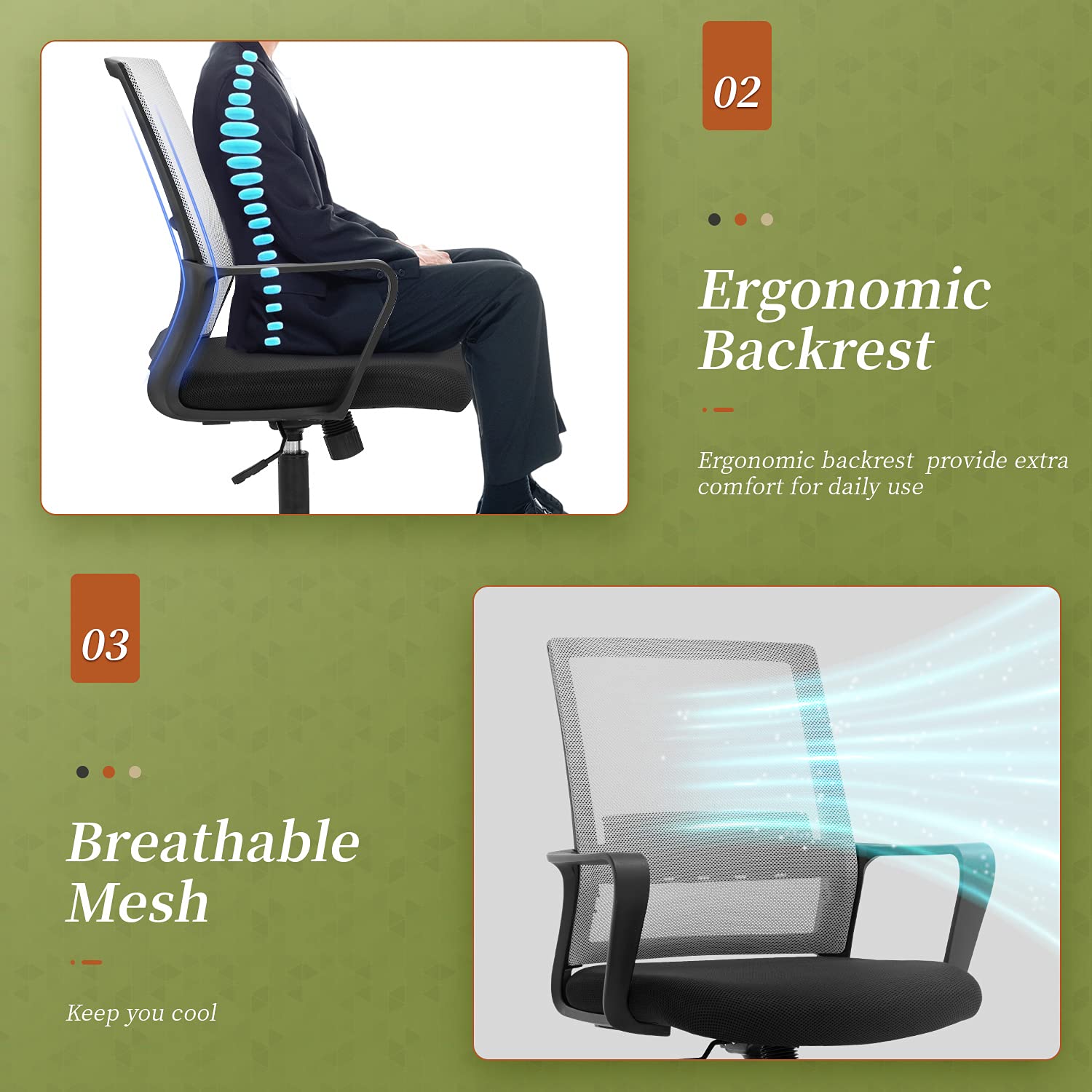 BestOffice Ergonomic Office Chair, Lumbar Support, Adjustable Height with Armrests for Adults(Grey)