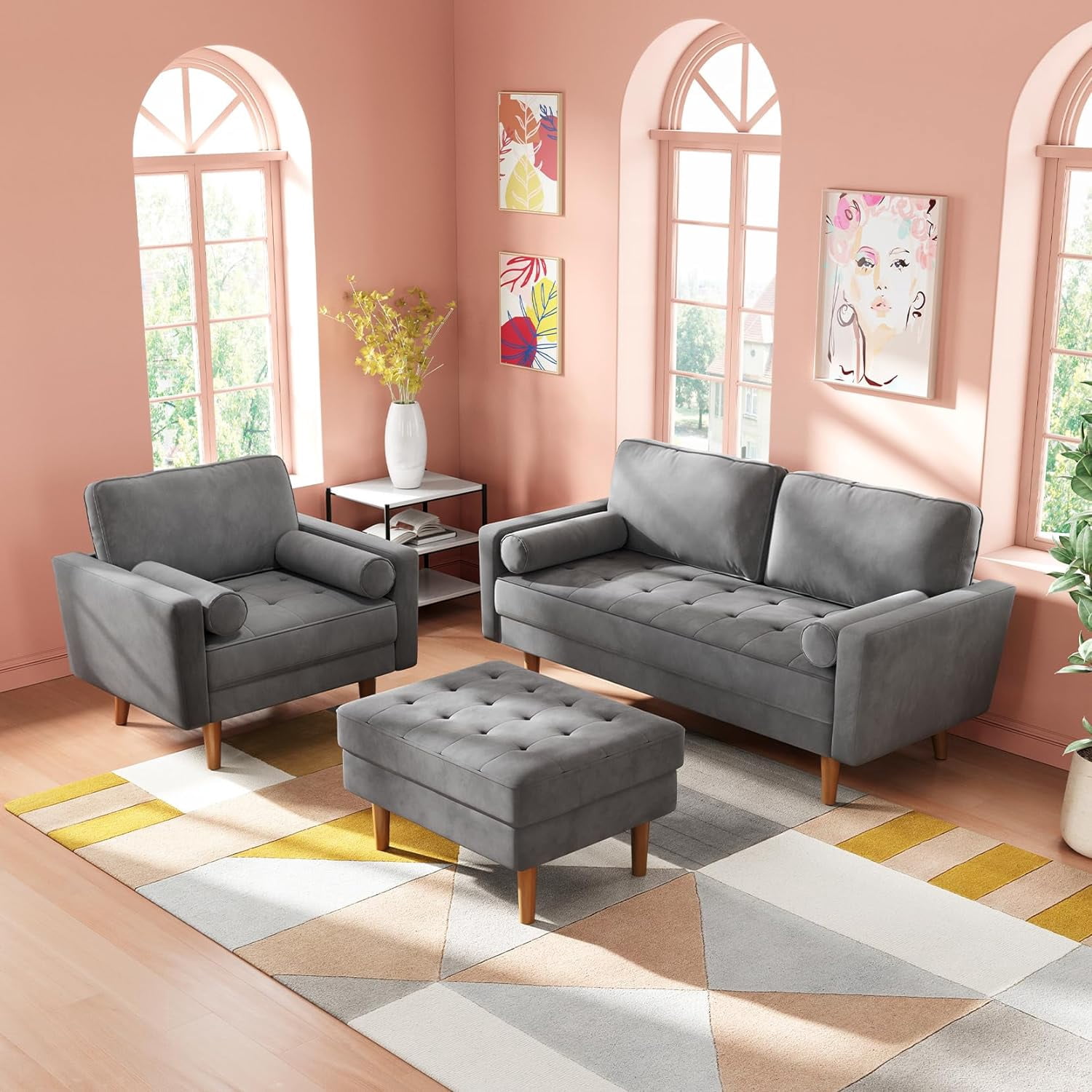 Neche 59" Velvet Spring Sofa Couch for Living Room, Office, Small Space, Solid Wood Leg, One Box, Gray