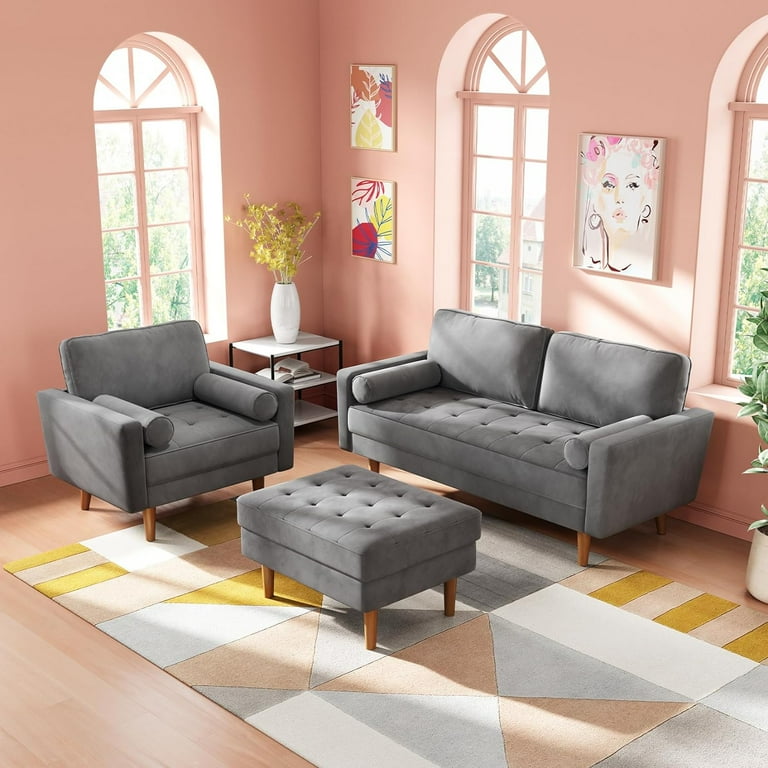 59 Inches Luxury Comfy Velvet Sofa with 2 Pillows Neche 2 Seater Small Modern Upholstered Love Seat Couch in a Box Home Living Room Furniture Gray