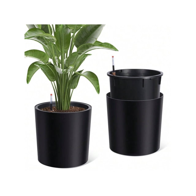 Eastvita Set of 2 Tall Round Planters - 20in Large Flower Pots with Built-in Drainage/Water Level Monitor//Wheels for Patio/Porch/Living Room/or Home Office