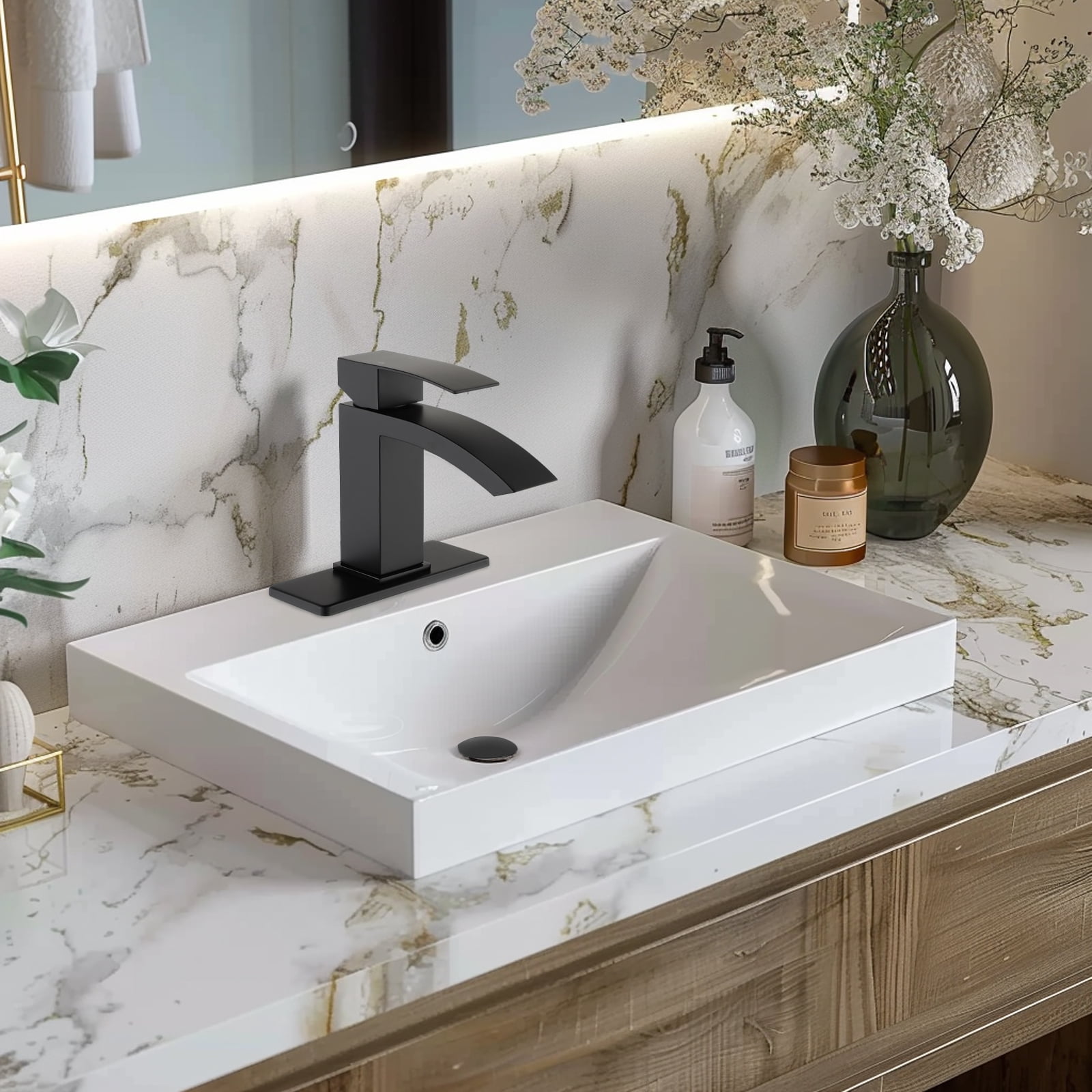 Cobbe Single-Handle Bathroom Sink Faucet for Vanity Single-Hole Installation with Low-Arc Spout and Pop-Up Drain Matte Black