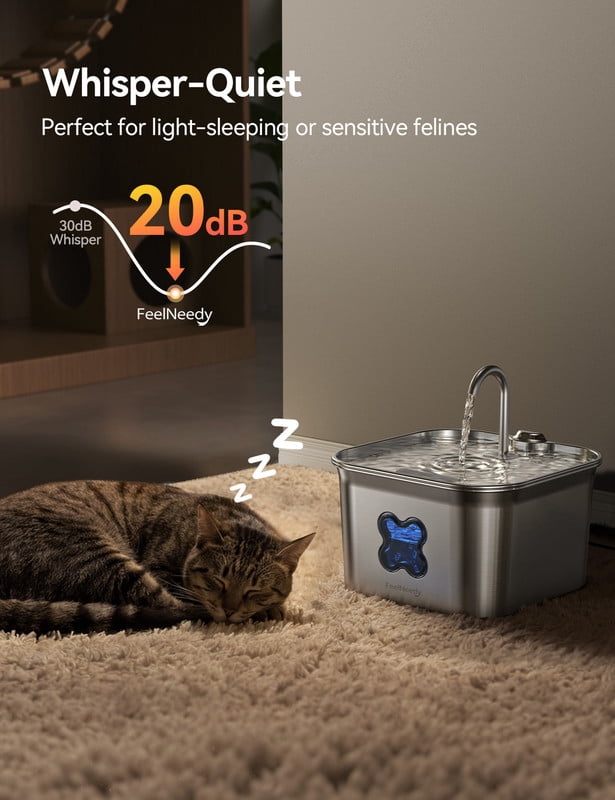 FeelNeedy Cat Water Fountain, 2.8L/95oz Stainless Steel Cat Fountain with Filter, Ultra-quiet Automatic Pet Water Dispenser for Cats Indoor