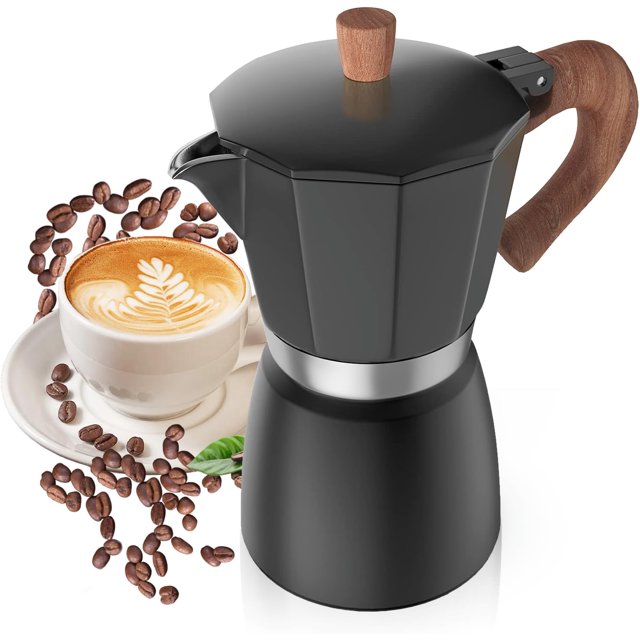 BOMPCAFE Moka Pot 300ml-6 Cups Espresso Maker, Italian Stovetop Coffee Makers Percolator, Aluminum, Easy To Use & Clean, Camping Home Use | Black | for Mocha Cappuccinos, Lattes