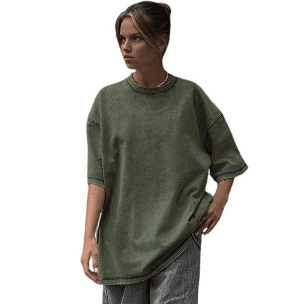 Camisetas Oversize para Mujer, Camisetas Vintage de Algodón, Cuello Redondo, Corta, Túnicas Lavadas de Verano. Verde XL
