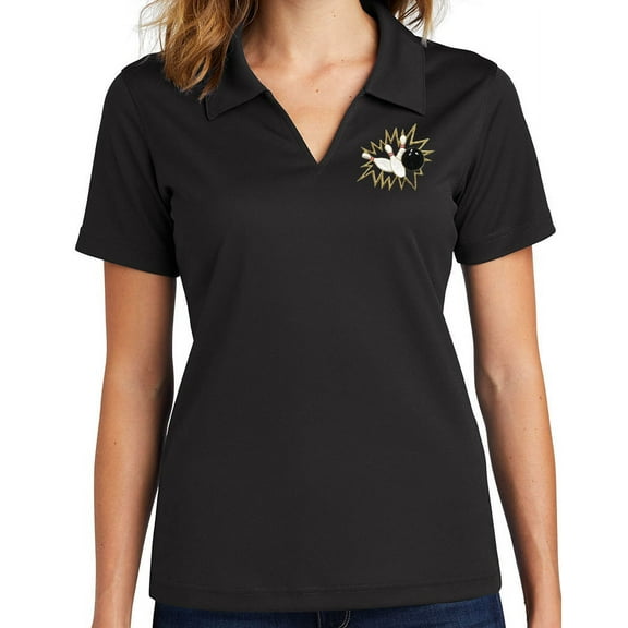 Ladie's Crashing Bowling Pins No Buttons Dri-Mesh Polo Shirt, XL Black