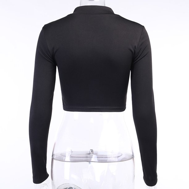 Unbrand Women Girl Female Double Zipper Sexy T Shirt Crop Tops Round Neck Cropped Soft Slim Long Sleeve Fabric Sport Shirts Black S M L Walmart Com Walmart Com