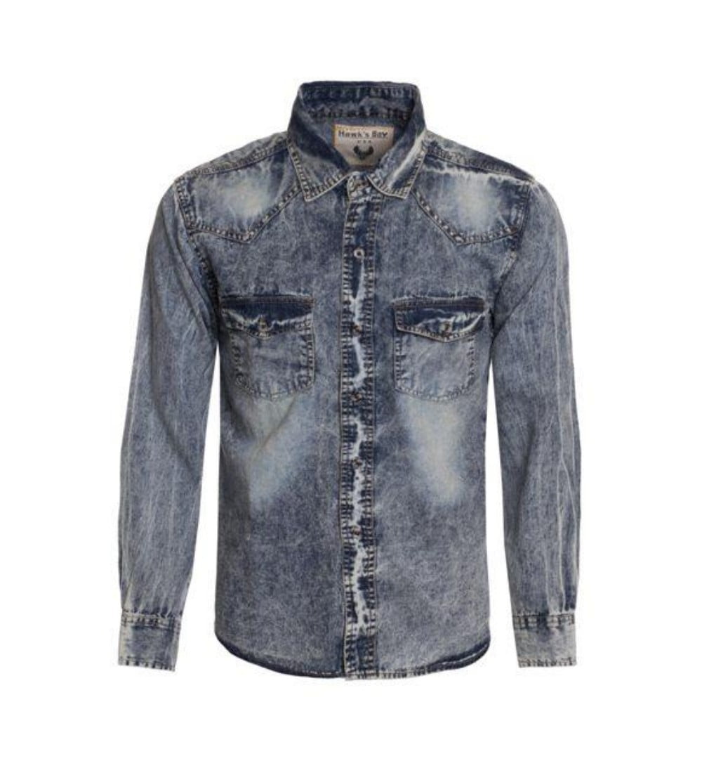 Hawks Bay Men's Acid Wash Denim Button Up Long Sleeve Shirt Pointed
