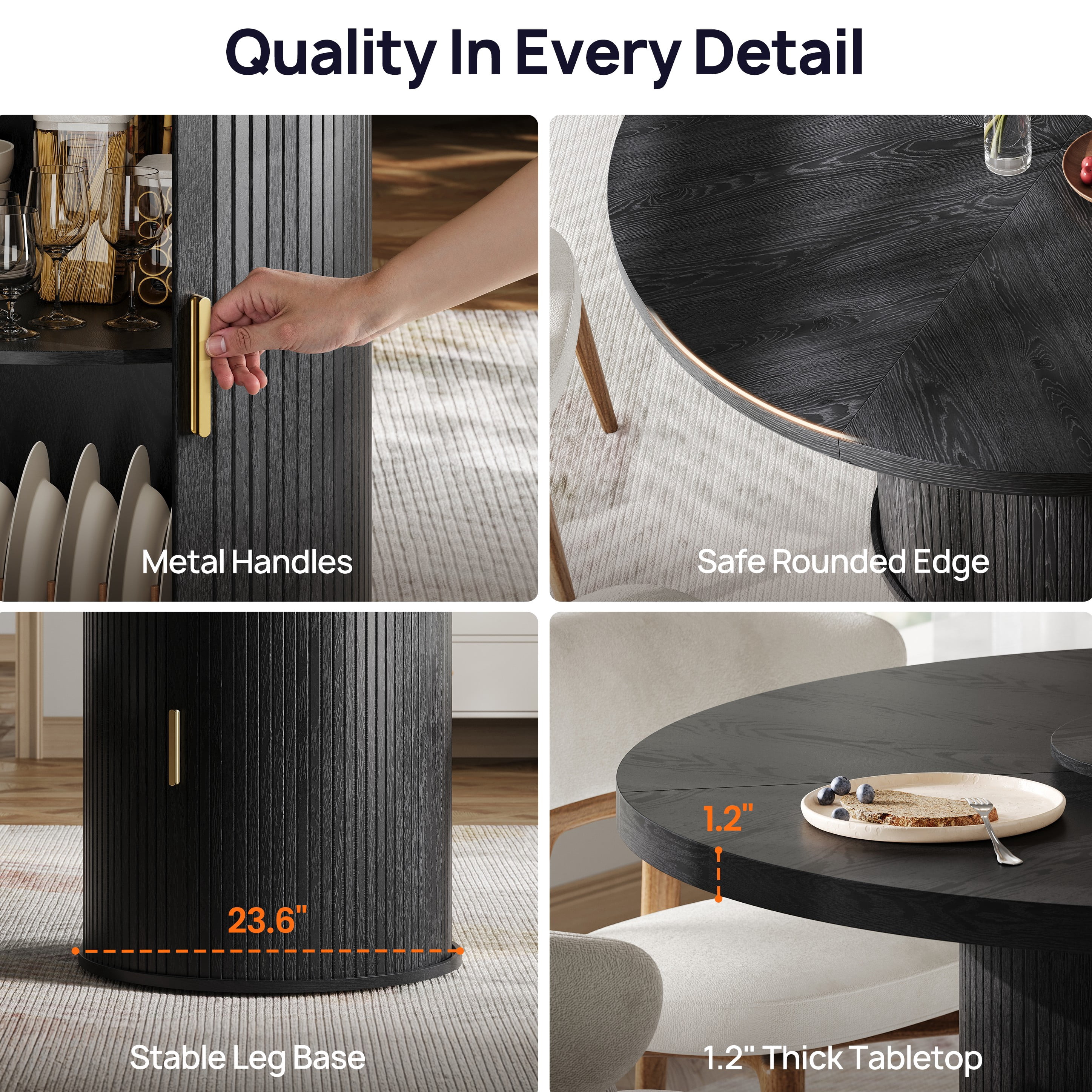 CHIC HOUSE 47" Round Dining Table with Storage Shelf, Farmhouse Fluted Kitchen Table with Removable Lazy Susan & Sliding Doors for Dining Room, Black