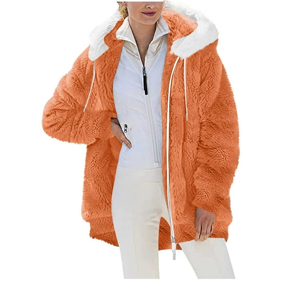 Winter Fuzzy Sweatshirt Coat for Women, Fleece Warm Hooded Jackets, Zip up Solid Color Long Sleeve Coat with Pockets