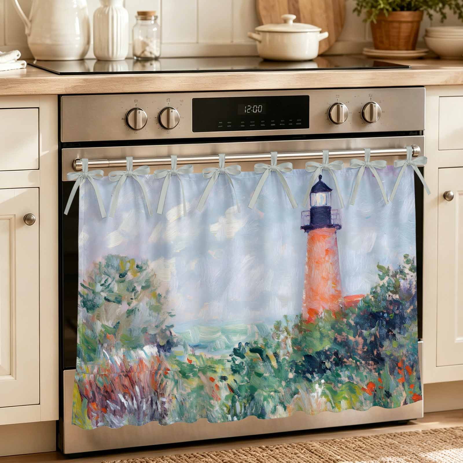 Oven Skirt Curtain for Kitchen 21.5x30 Inch Nautical Lighthouse Oven Curtain with 8 Ribbon Ties & Ruffle Trim Stove Skirt Curtain Dishwasher for Cabinets Sinks Coastal Seaside Tree Herbs Painting