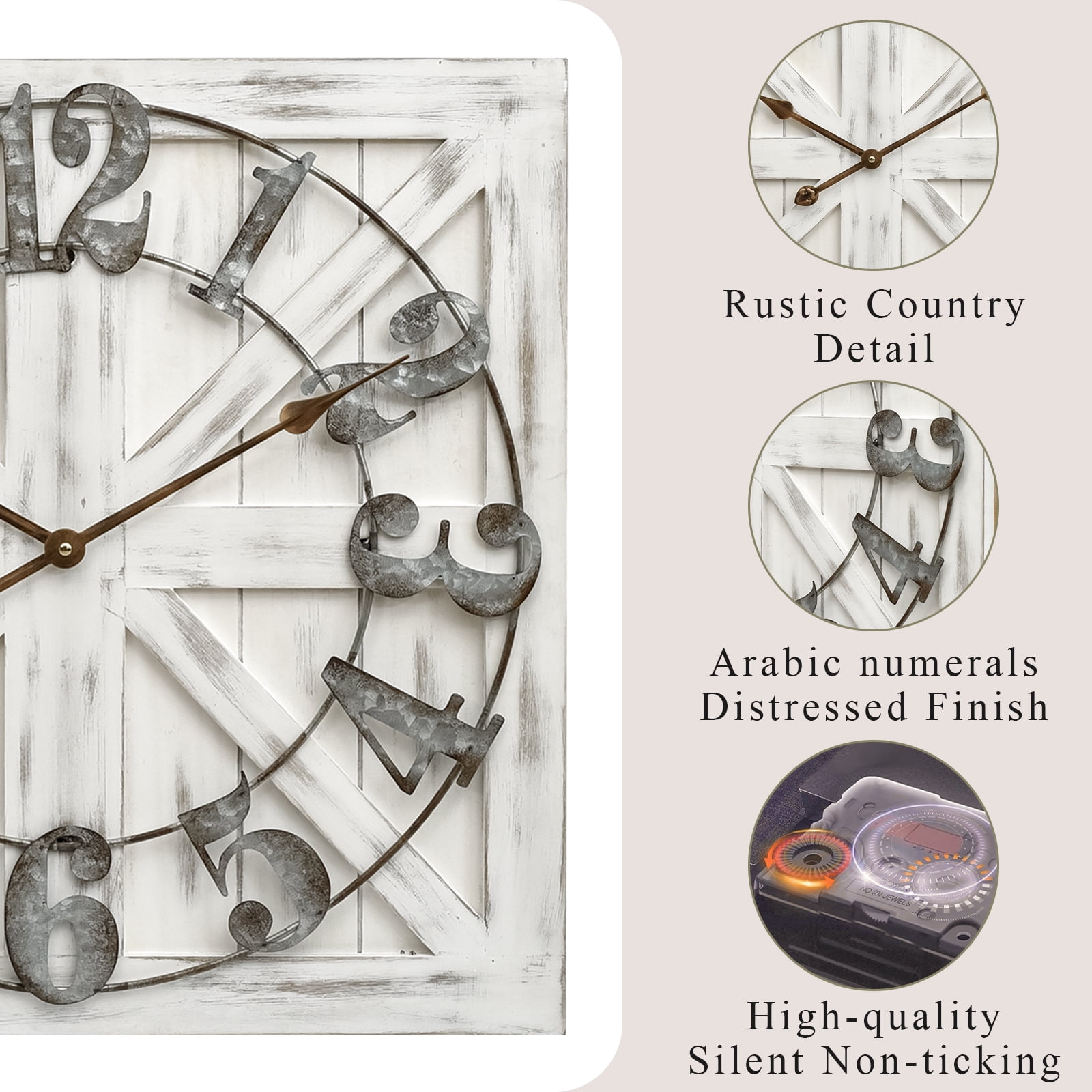 EMAX HOME 24 in Quartz Farmhouse Wall Clocks, Roman Numerals, Silent