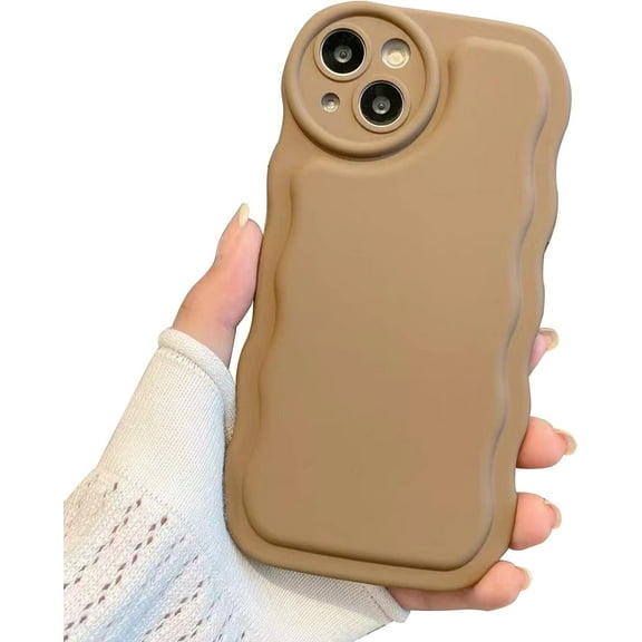 Compatible with iPhone 14 Case, Solid Color Cute Curly Wave Soft Raised Corners Back Silicone Shockproof Bumper Case for iPhone 14, Brown